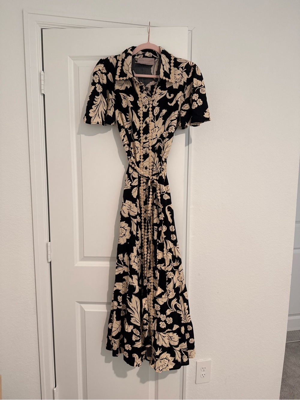 Element Black Maxi Dress with Cream Floral Pattern and Waist Tie